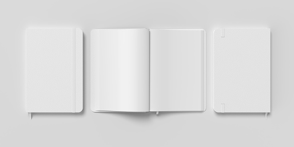 White cover notebook and opened notebook mockup on white background. 3d illustration