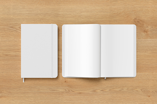 White cover notebook and opened notebook mockup on wooden background. 3d illustration