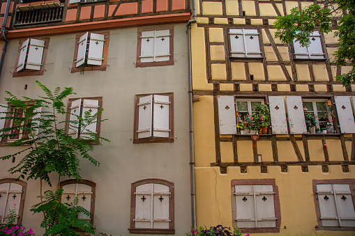 Close-up of an ancient half-timbered Bavarian typical house with wooden beams outside. Germany, Europe