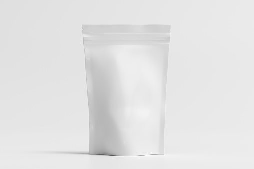 White packaging pouch mockup for tea, coffee, snack on white background. Branding mockup. 3d illustration
