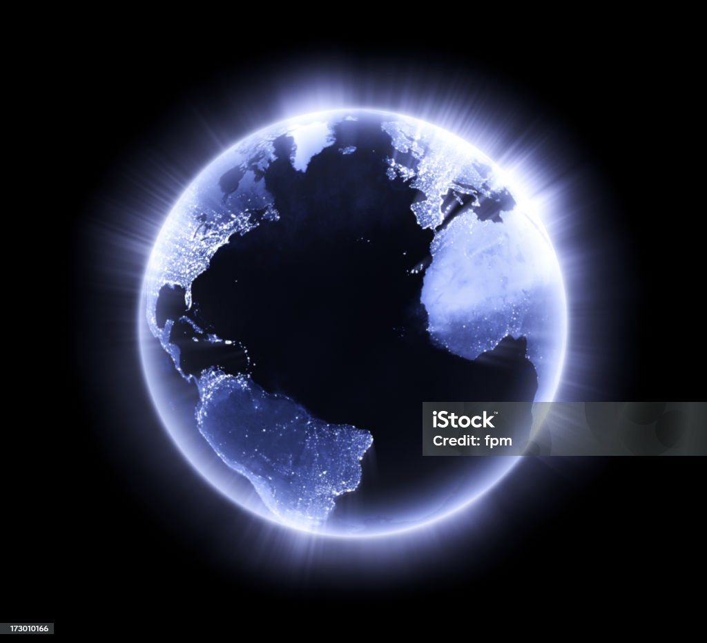 Blue glowing Earth [Atlantic Ocean] Royalty free 3d rendering of a glowing earth. Image is big enough for you to choose the cropping. Atlantic prominent Globe - Navigational Equipment Stock Photo