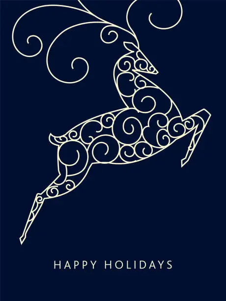 Vector illustration of Happy Holidays greeting design with curls and embellishments abstract deer