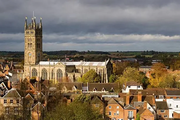 View from Warwick Castle of the city and the St. Mary church.