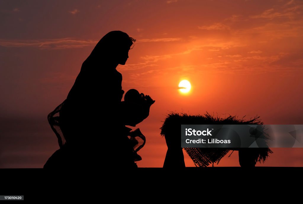 Nativity Scene (Photographed Silhouette) Many of my Silhouette images are taken from a photographed Silhouette.  The figures have life like clothing and I have chosen to leave the details of the clothing visible in some cases to be more realistic. Nativity Scene Stock Photo