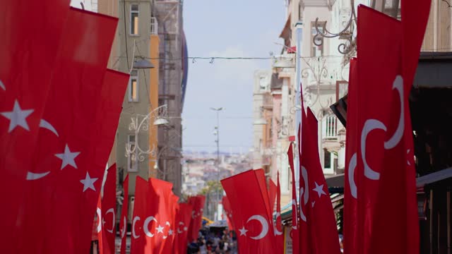 Turkish flag. Celebration of Turkish national holidays on streets of city.