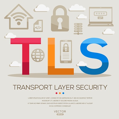 TLS _ Transport Layer Security, letters and icons, and vector illustration.