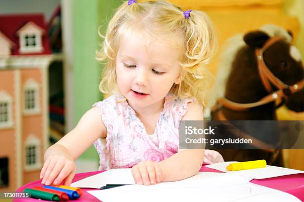 Little Girl Drawing In Her Bedroom Stock Photo - Download Image Now - Activity, Baby - Human Age, Beautiful People
