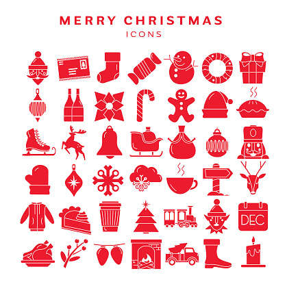 Vector illustration of a set of Christmas holiday icons. Includes Santa, letter to Santa, stocking, snowman, wreath, gift box, ornaments, winter, poinsettia, candy cane, gingerbread, Santa hat, pie, ice skate, deer, bell, sleigh, Santa sack, nutcracker, Santa mitt, snowflake, weather, hot drink, north pole sign, reindeer, sweater, coffee, Christmas tree, train, elf, calendar pad, turkey dinner, garland, string lights, fireplace, truck, Santa boot, and candle on white background. Simple set that includes vector eps and high resolution jpg in download.