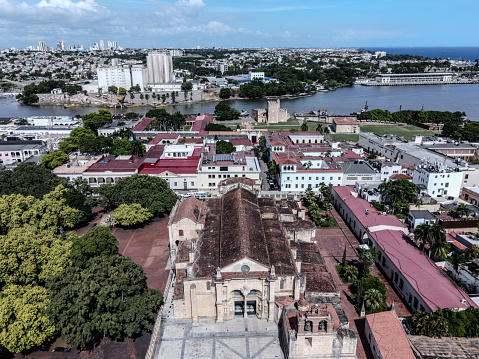 Aerial view of colonial area including Colon Park in Santo Domingo, Dominican Republic