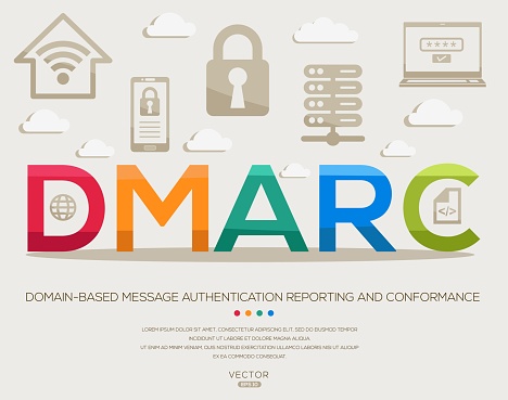 DMARC _ Domain-based Message Authentication Reporting and Conformance, letters and icons, and vector illustration.