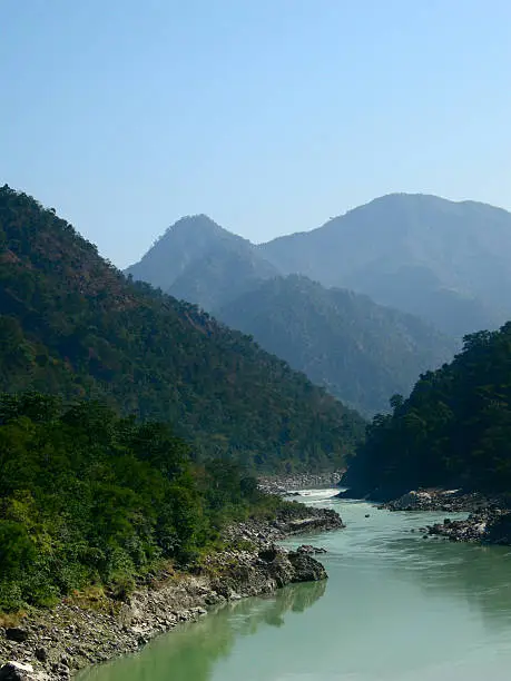 River ganges flowing through valley in Rishikesh