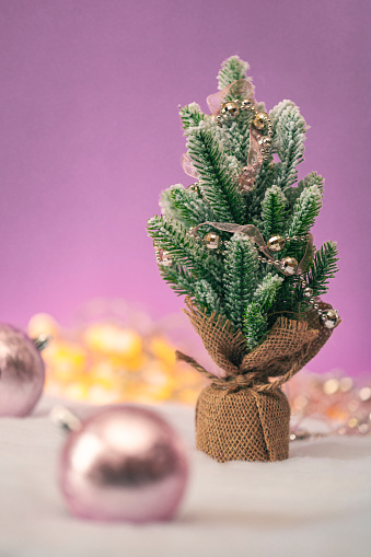 A little tree with a few decorations on a lavender colored background.