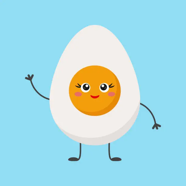 Vector illustration of Funny and friendly egg character waving and smiling. Boiled egg with cute face. Healthy food theme.