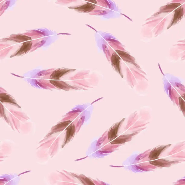 Vector illustration of Watercolor Pink Feathers Seamless Pattern. Boho Abstract Background. Design Element for Greeting Cards and Wedding, Birthday and other Holiday and Summer Invitation Cards Background.