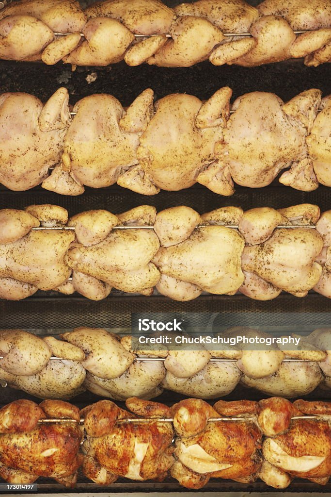 Chicken Turkey Barbecue Roasting Oven Roasting chickens or turkeys on commercial kitchen oven spits with barbecue sauce and lemon pepper seasoning. Back To Back Stock Photo