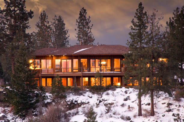 istock Night glow of home in snow and trees 173014664