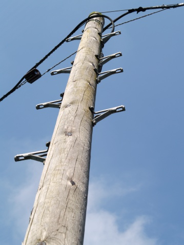 Single telegraph pole with metal hand and foot holds as climbing aids for the linesman (aka in US lineman)