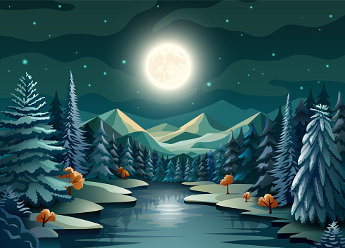 A captivating winter landscape graced by towering trees, snow-capped mountains, and a serene moonrise on the horizon, painting a picture of enchanting serenity.