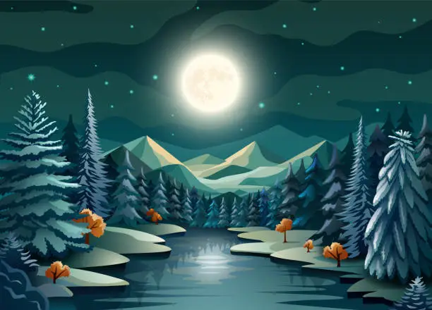 Vector illustration of Beautiful Winter Landscape with Trees, Mountains and the Moon above the horizon