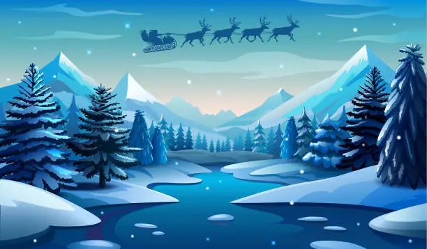 Vector illustration of Winter landscape with fir trees and mountains on the horizon with Santa Claus in the sky