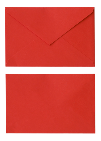 Front and back of a red envelope for holidays and romance.  Isolated on white.  