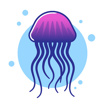 Vector illustration of a jellyfish against a blue background in line art style.
