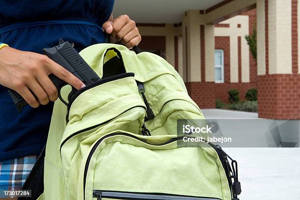 School Vioence Stock Photo - Download Image Now - Gun, Backpack, School Building
