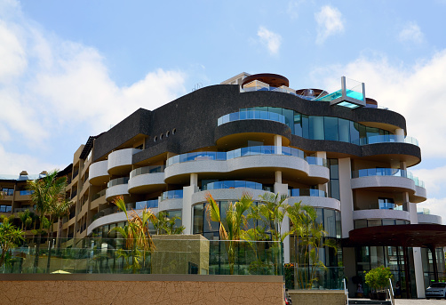 Tenerife,Canary islands,Spain - July 13, 2023: View of GF Victoria stylish luxury five-star hotel located in Costa Adeje and opened in March 2018.