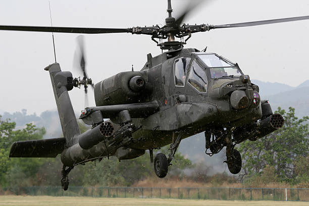 Aerial view of attack helicopter in flight stock photo