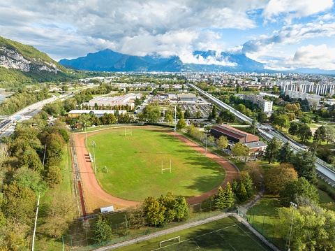 aerial view of an athletics stadium in the Alps in France