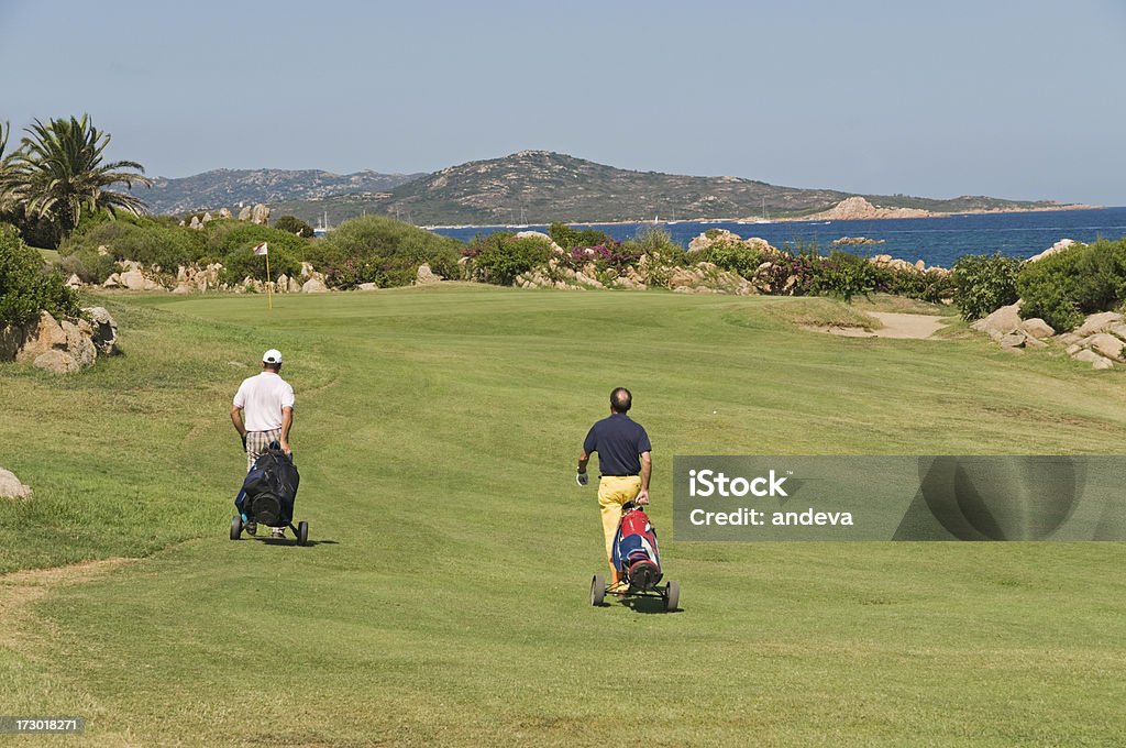 On the fairway Father and son on a golf course Active Lifestyle Stock Photo