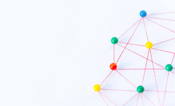 istock Linking entities, Blockchain, social media, Communications Network, The connection between the two networks. Network simulation on paper linked together by yarn 1730191346