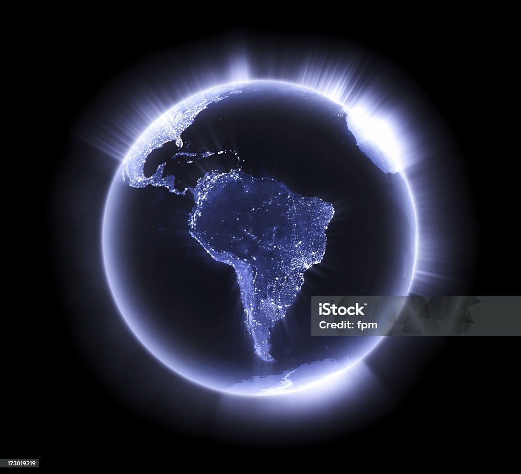 Blue glowing Earth [South America] Royalty free 3d rendering of a glowing earth. Image is big enough for you to choose the cropping. South America prominent. Map Stock Photo