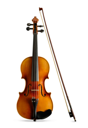 Violin and Bow Isolated on a White Background. Clipping Paths Included.