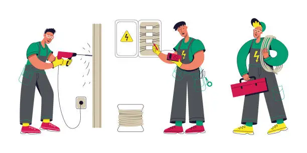 Vector illustration of Professional electricians working with electrical work tools. Technicians services, professional men in uniform.