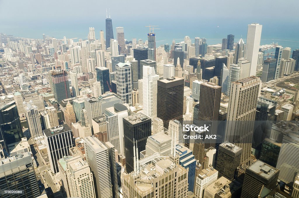 Downtown Chicago in blue Downtown Chicago as seen from a skyscraper. Aerial View Stock Photo