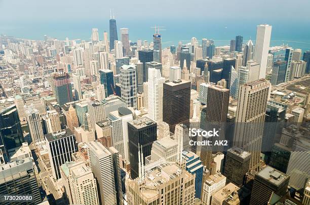 Downtown Chicago In Blue Stock Photo - Download Image Now - Aerial View, Building Exterior, Willis Tower