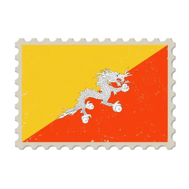 Vector illustration of Bhutan grunge postage stamp. Vintage postcard vector illustration with national flag of Bhutan isolated on white background. Retro style.