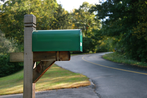A green mailbox in a rural neighborhood.
