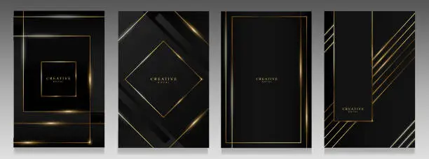 Vector illustration of Luxury cover set, black and gold design. Abstract geometric pattern with metallic glowing lines.