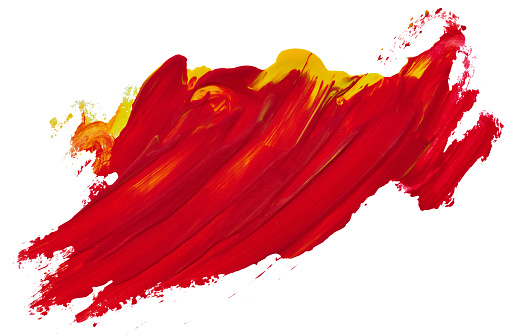 Strokes of red paint, yellow acrylic paint mixed around the edges