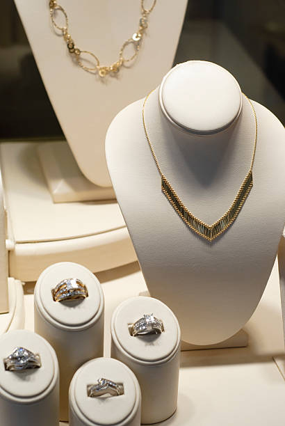 istock Jewelry Store Display Case with Necklaces and Diamond Rings 173021591
