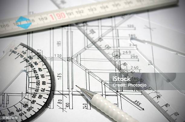 Plan Architektoniczny I Narzędzia - zdjęcia stockowe i więcej obrazów Architektura - Architektura, Dokument, Figura geometryczna