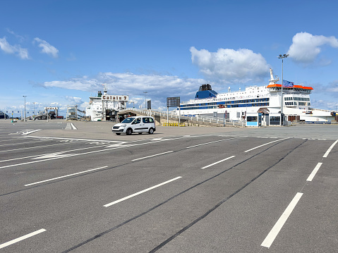 A cross channel Car and passenger ferry loading at the port of Calais in France