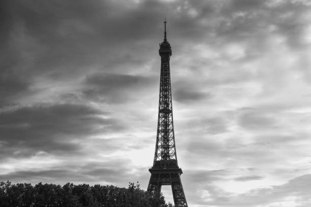 istock Ground view of Eiffel Tower in black & white at dusk 1730226816