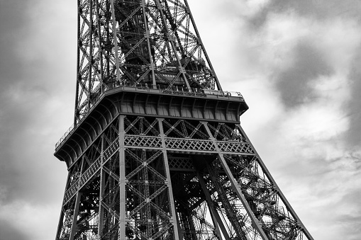 Eiffel Tower with a moody sky in black & white at dusk, Paris, France