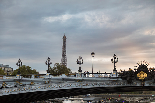 The roofs of Paris and its chimneys under a clouds sky, France, Europe