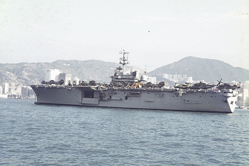British Hong Kong, China, 1972. US Navy. American aircraft carrier off British Hong Kong.