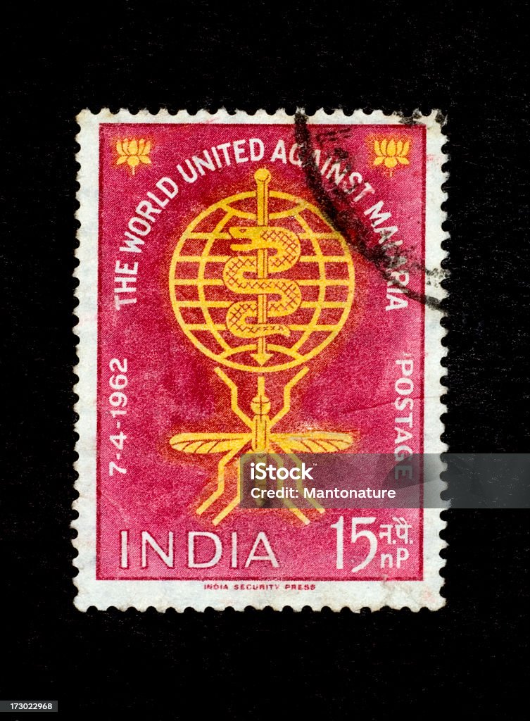 Francobollo postale: Mondo United contro la Malaria (India del 1962 - Foto stock royalty-free di Cartolina postale