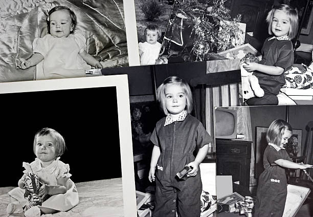 Montage of black and white photos circa 1956 to 1958 of a little girl as a baby and a toddler at Christmas.